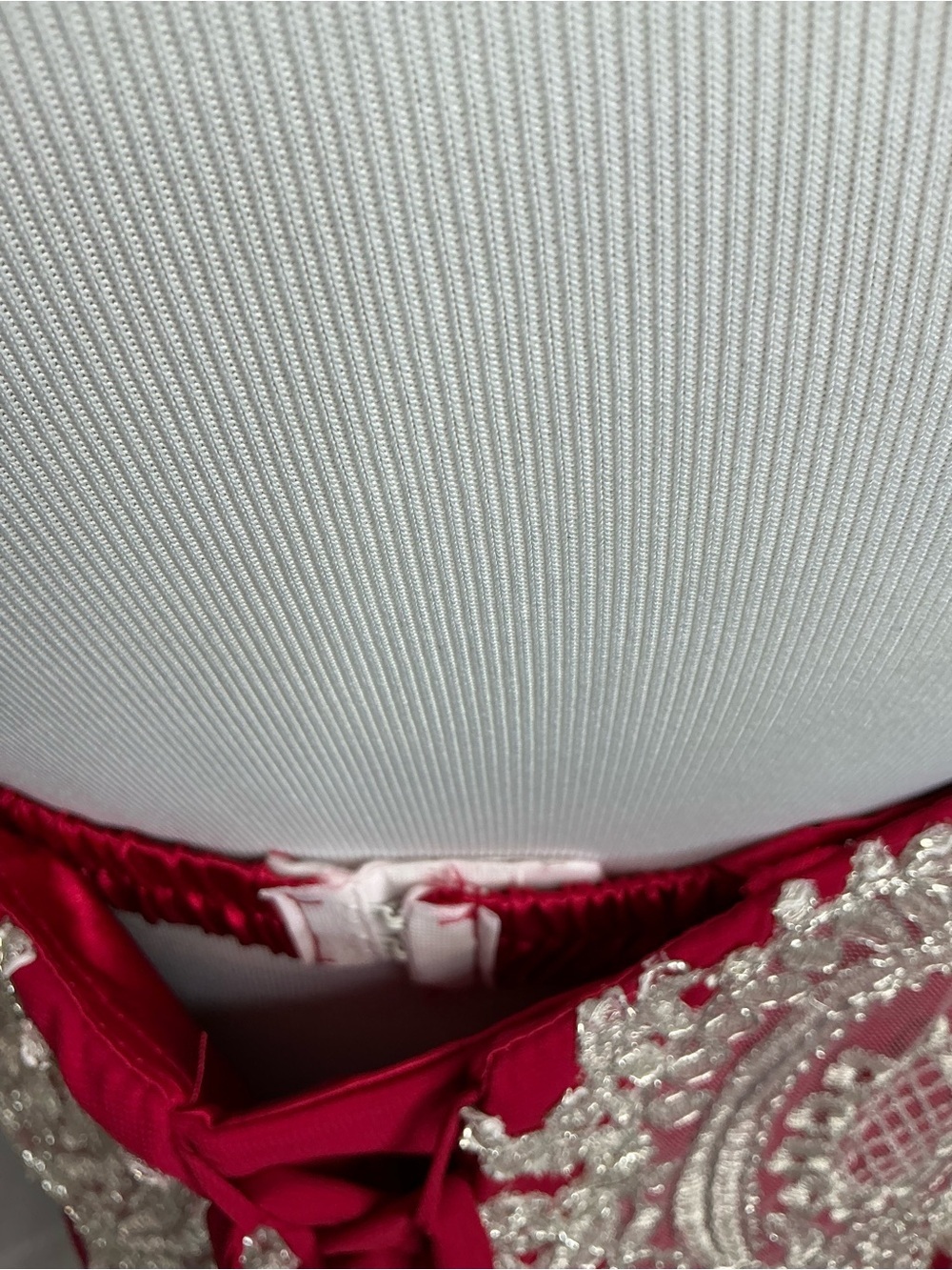 2159 - Elegant Red Evening Gown with Silver Lace Bodice - Picture 9 of 13
